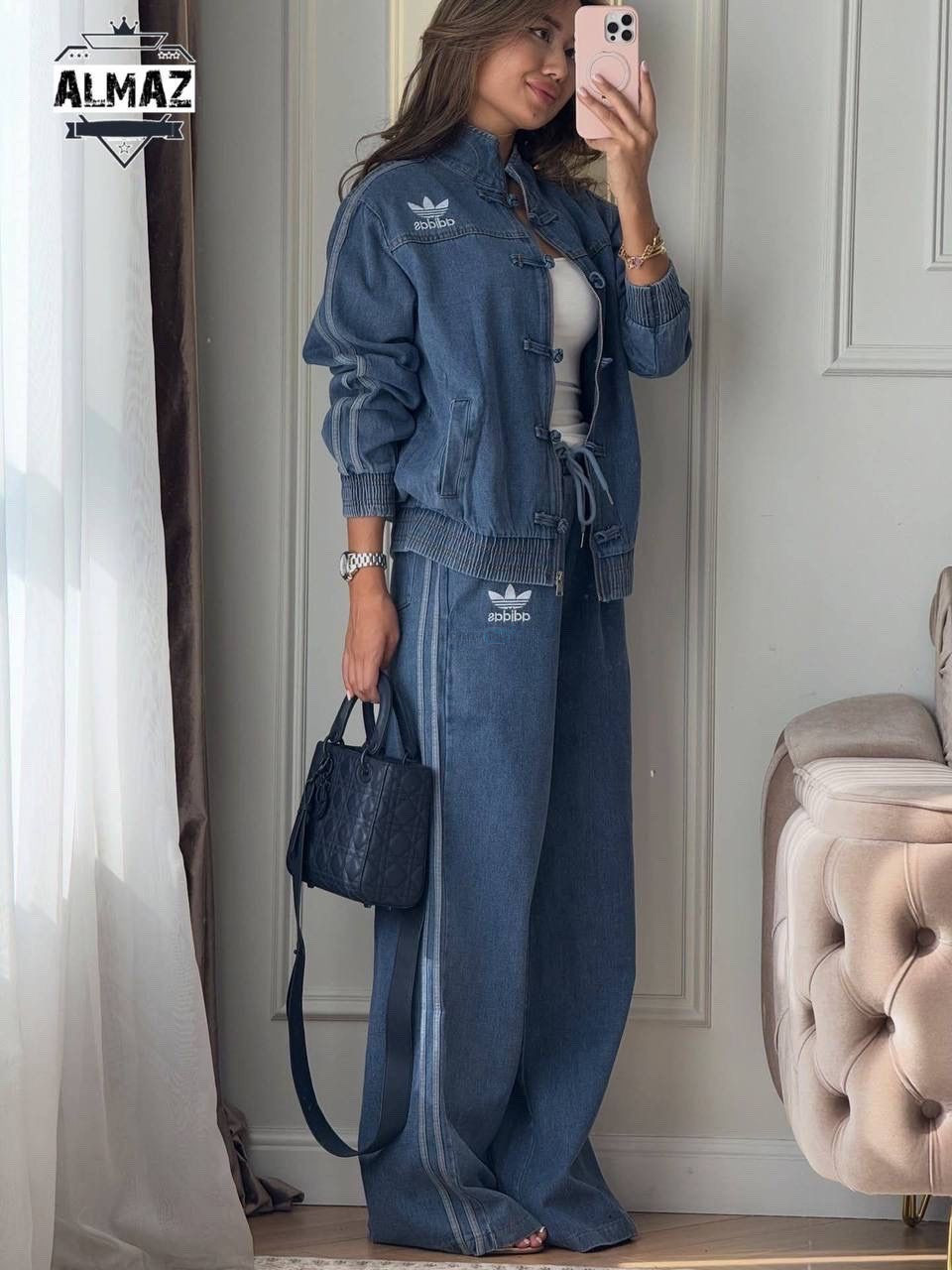 Adidas-style women's denim two-piece set, Kitob — 2