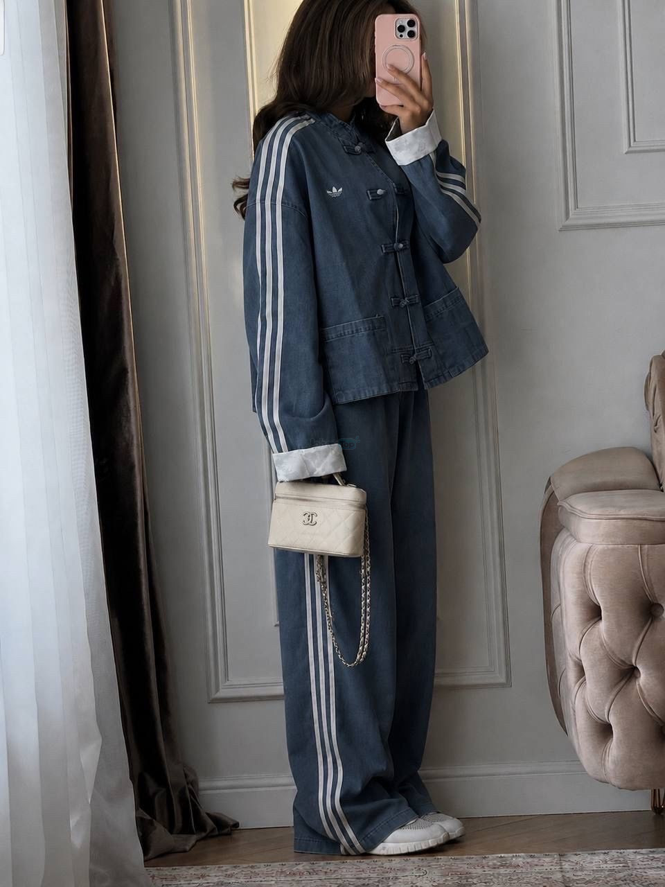 Adidas-style women's denim two-piece set, Kitob — 3