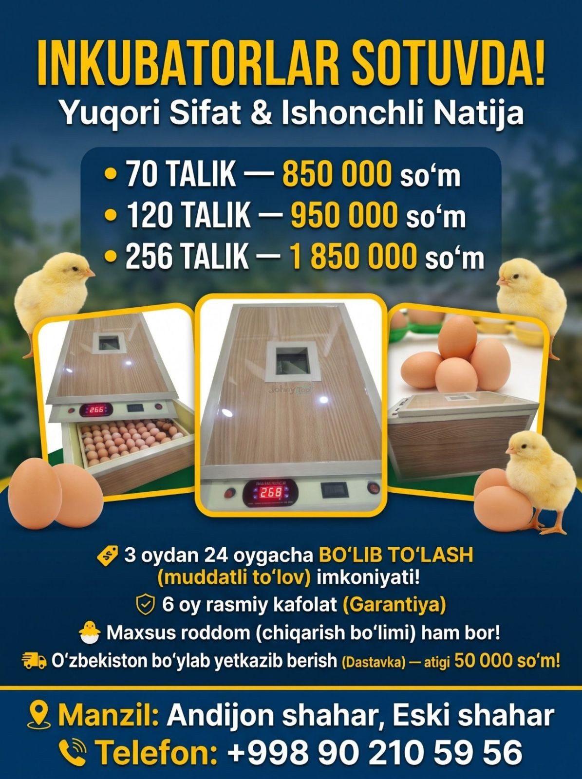70 talik inkubator sotiladi, Andijon shahri