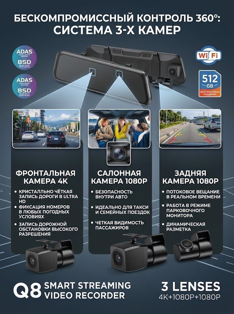 Tomboss Q8 oyna-videoregistratori, 3 kamerali (4K), Andijonda sotiladi — 2